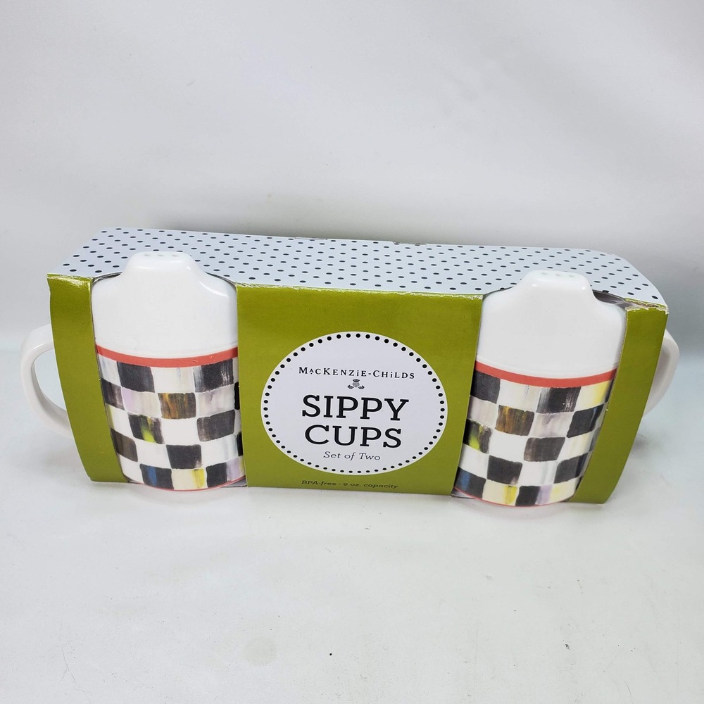 MacKenzie-Childs Sippy Cups Set of 2 Courtly Check Black White Melamine NEW